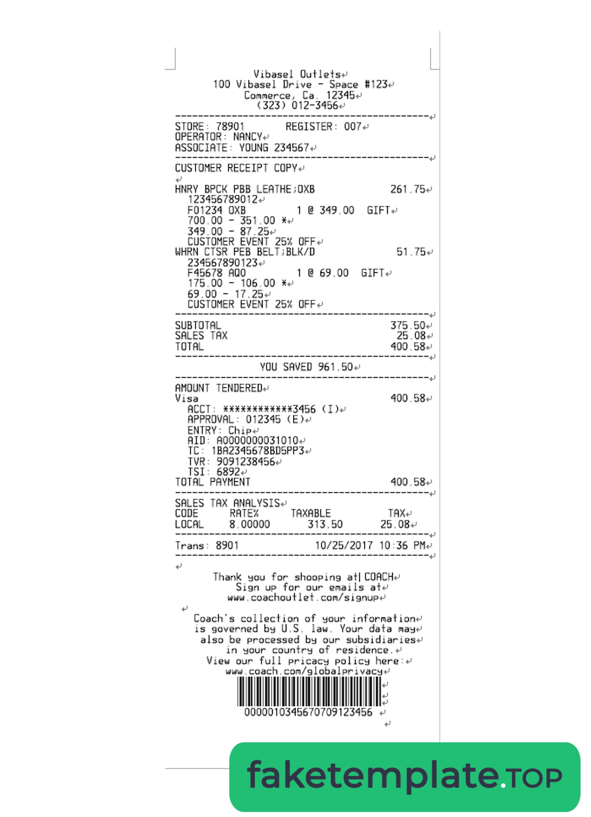 Feature of fake VIBASEL OUTLETS payment receipt example